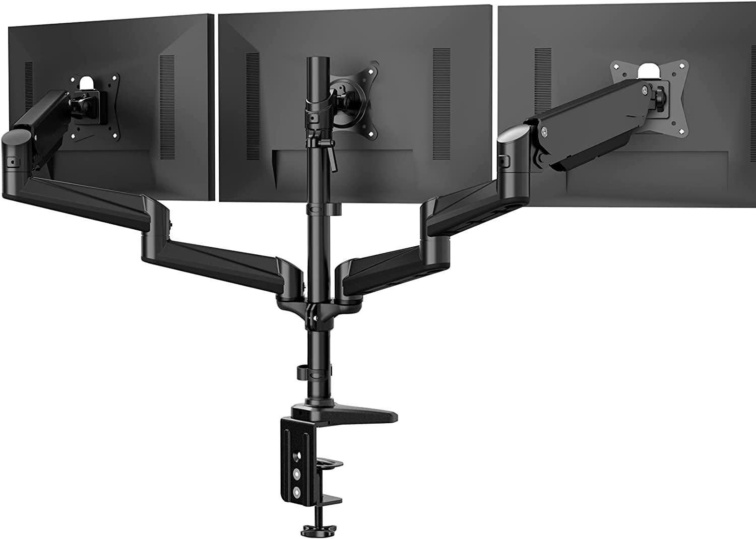 Triple Monitor Stand - Fully Adjustable Aluminum Gas Spring Mount for Three 17-32 inch LCD Computer Screens with Clamp, Grommet Kit - Black