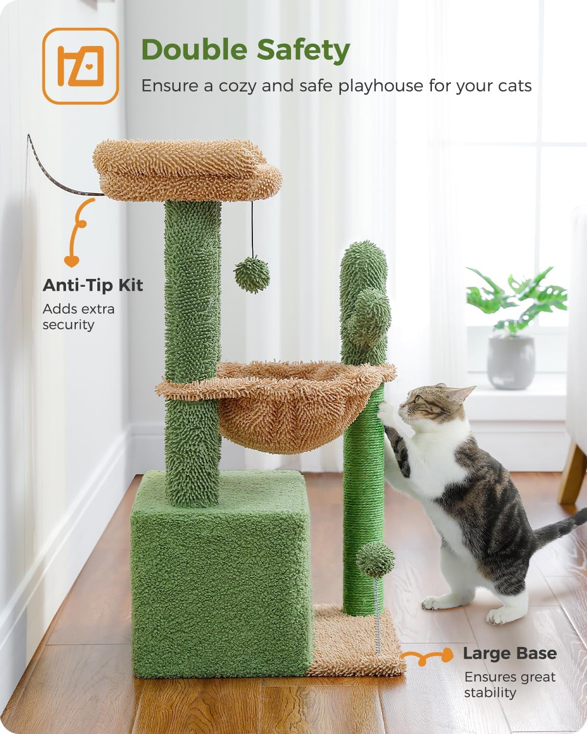 4-in-1 Cactus Cat Tree: A Spacious and Comfortable Cat Tower for Indoor Cats with a Large Condo, Scratching Post, Hammock, and Cozy Top Perch in Green Color - 33''=84CM