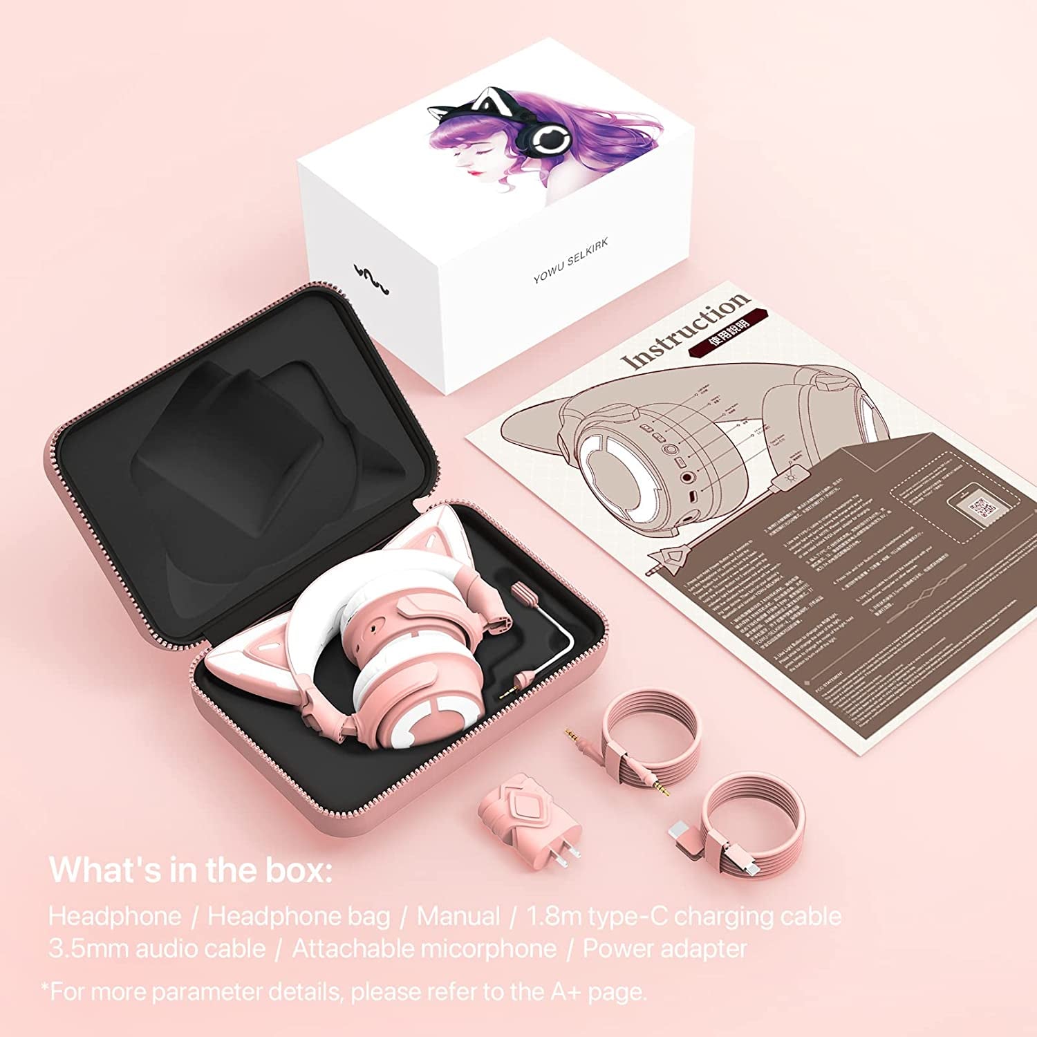 Pink RGB Cat Ear Headphone 4: Upgraded Wireless & Wired Gaming Headset with Attachable HD Microphone. Features Active Noise Reduction, Dual-Channel Stereo, and Customizable Lighting and Effects via APP.