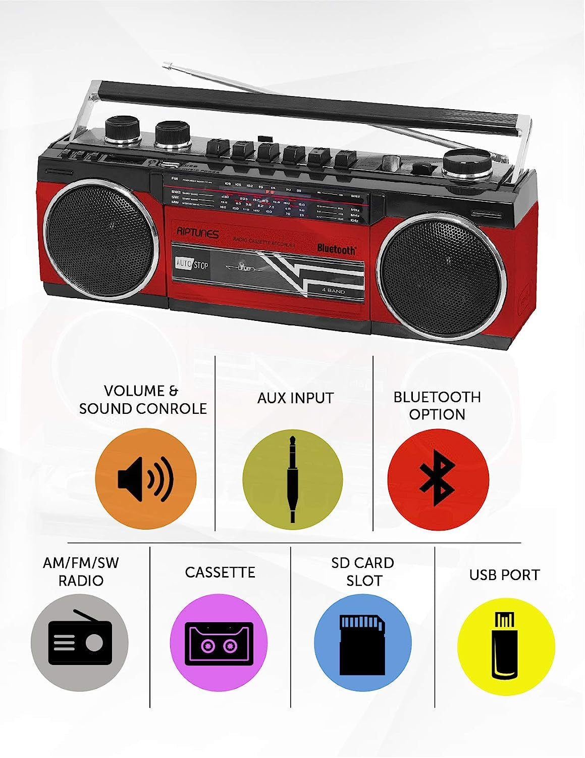  Cassette Boombox with Bluetooth, Cassette Player and Recorder, AM/FM/SW-1-SW2 Radio, USB, SD - Retro Blue, RED