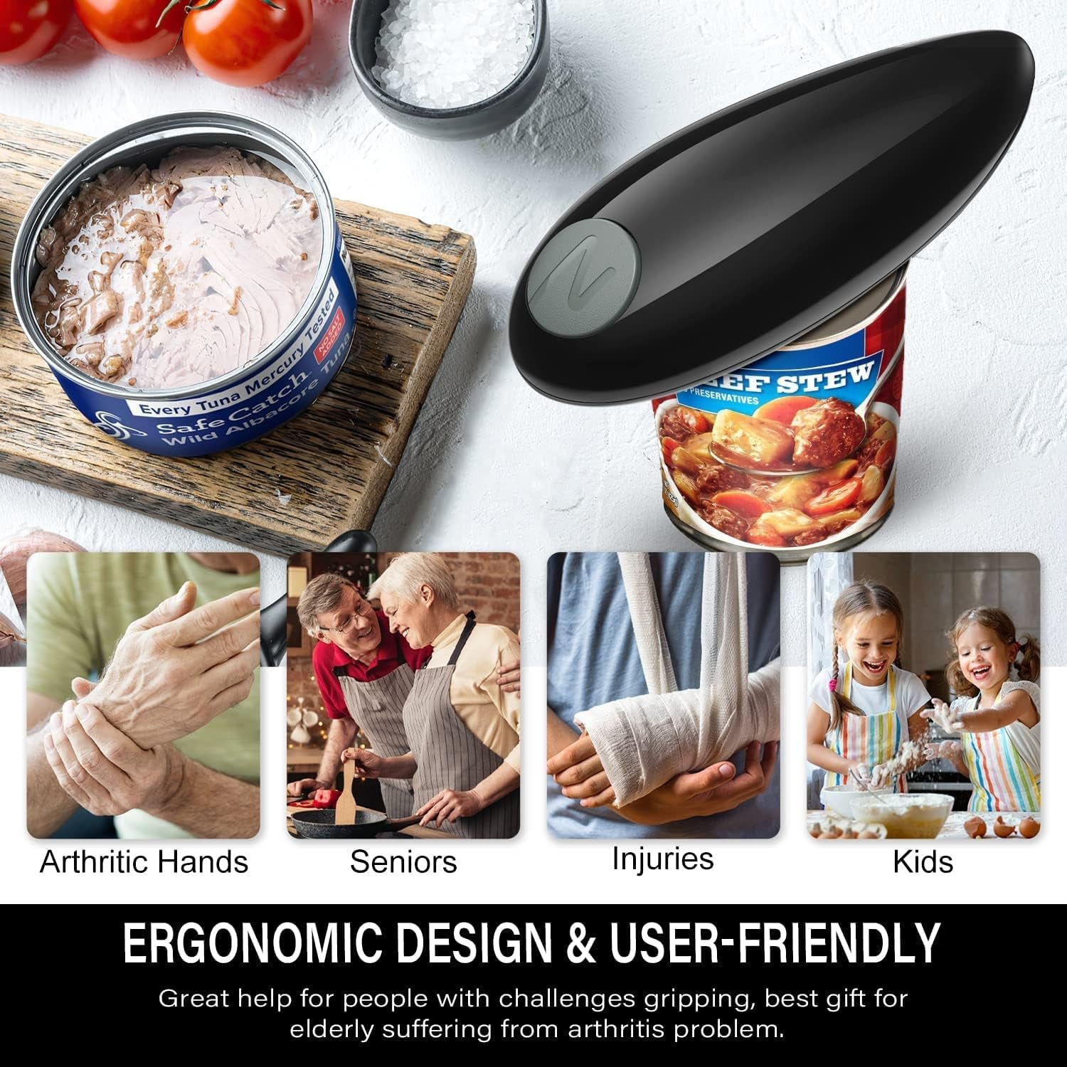 Handsfree Electric Can Opener - Best Kitchen Aid for Seniors, Arthritis-Friendly Electric Jar and Bottle Opener - Essential Home Gadget for Women, Small Kitchen Appliances for Dorm Rooms, and Camping Gadgets