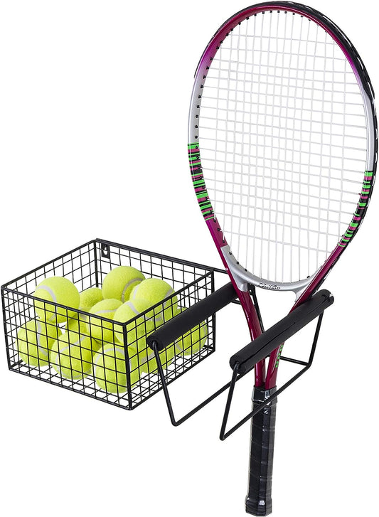 Wall-Mounted Metal Tennis Racket Holder with Integrated Ball Storage Basket 