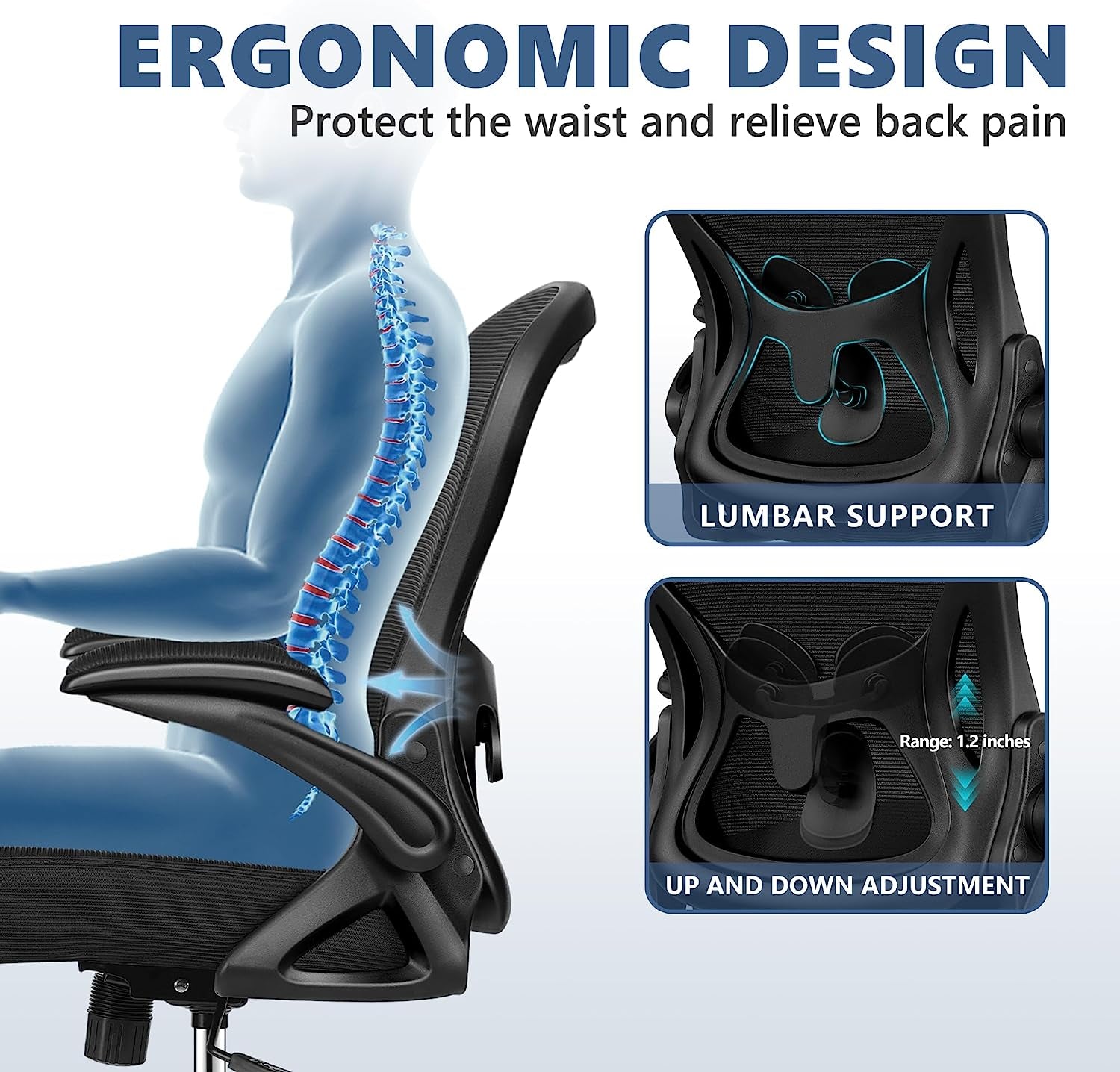  Ergonomic Mesh Office Chair with Adjustable Lumbar Support and Flip Up Armrest, Swivel Task Chair for Home Office, Mid Back Breathable Rolling Desk Chair (Black)