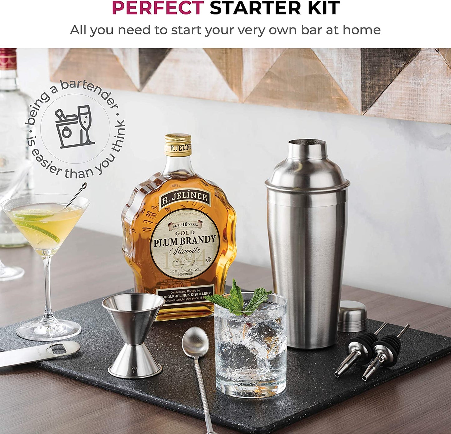 Complete 7-Piece Stainless Steel Cocktail Shaker Set: Bartender Kit with All Bar Accessories, Including Cocktail Strainer, Double Jigger, Bar Spoon, Bottle Opener, and Pour Spouts