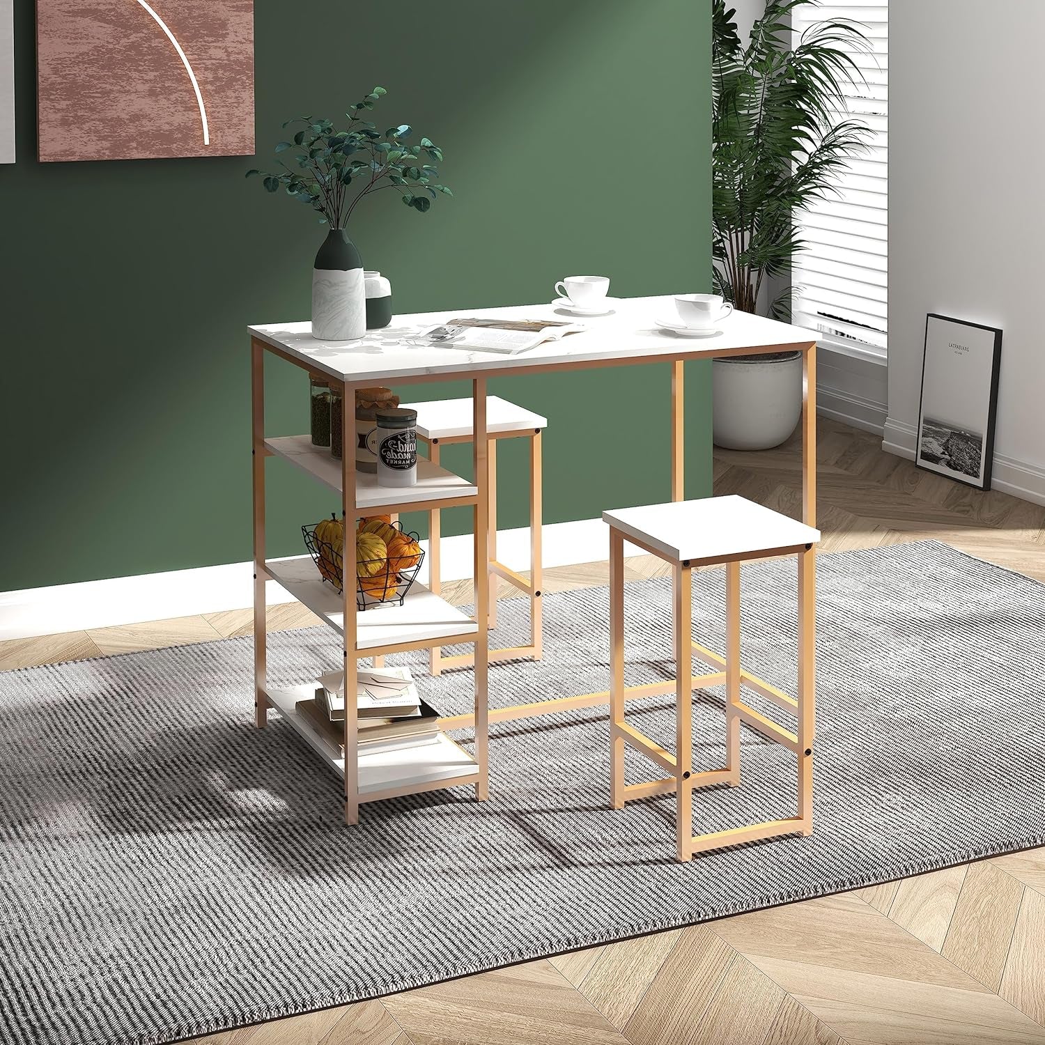 3 Piece Bar Table Set with 2 Stools, Ideal for Small Spaces, Featuring Storage Shelves and White Faux Marble Design