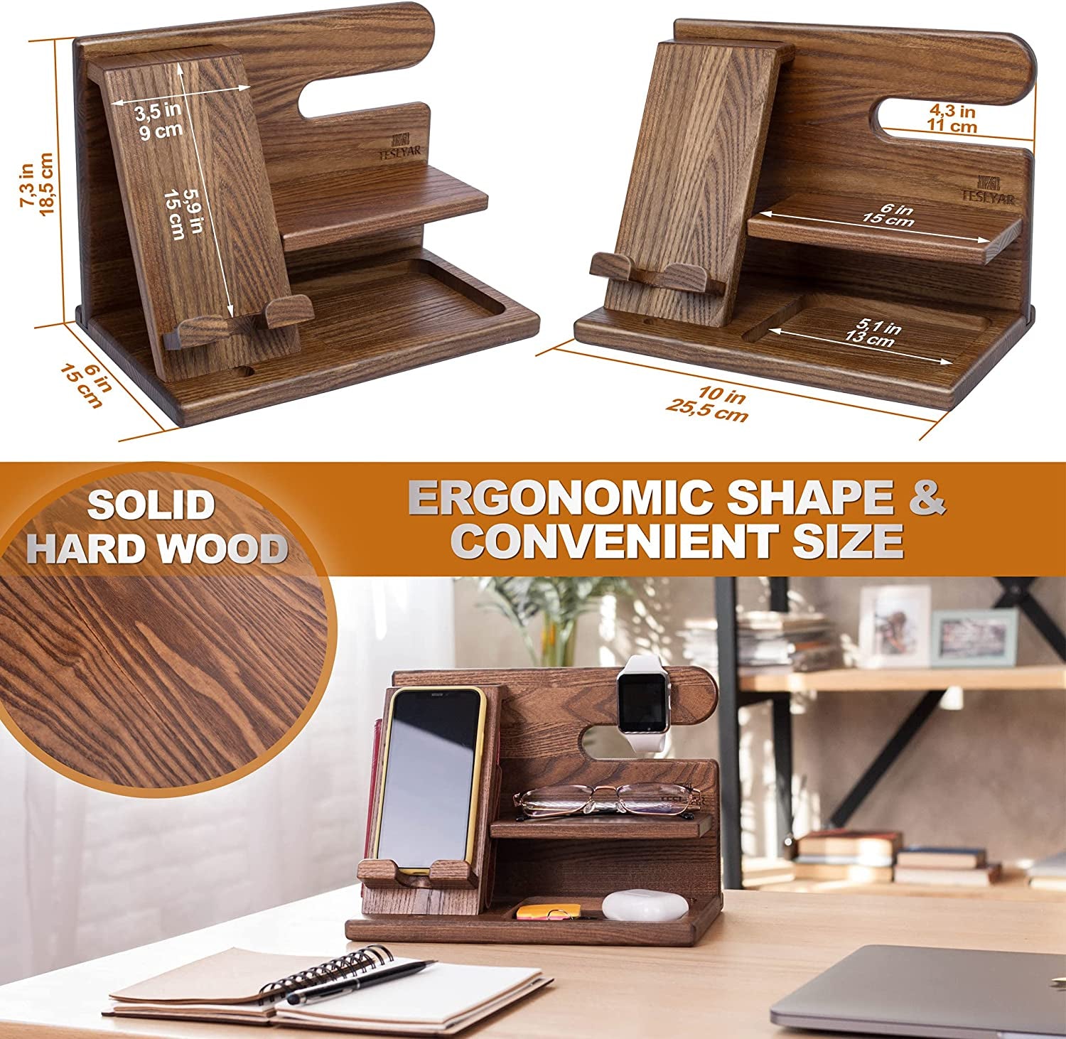  Wood Phone Docking Station - Nightstand Desk Organizer 