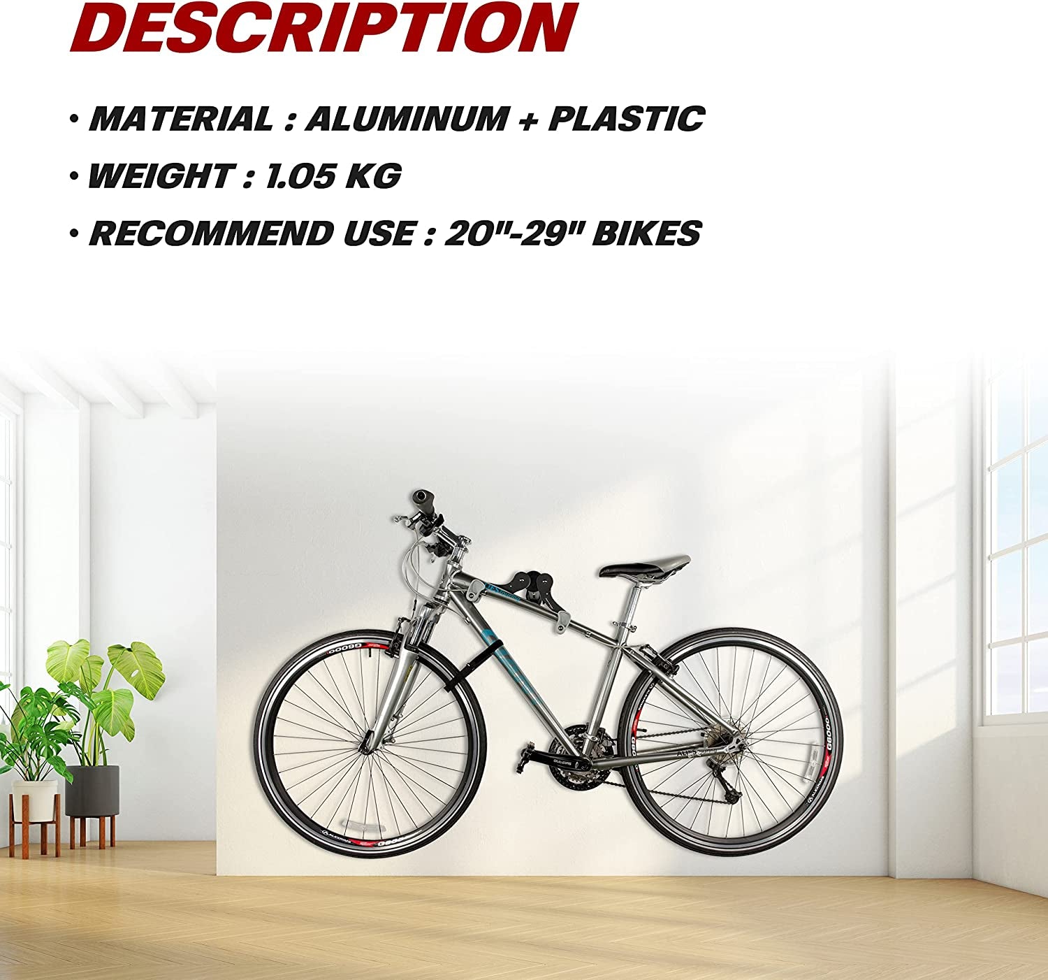 Bike Horizontal Wall Hanger - Adjustable Angle, Single Storage Mount (Black)