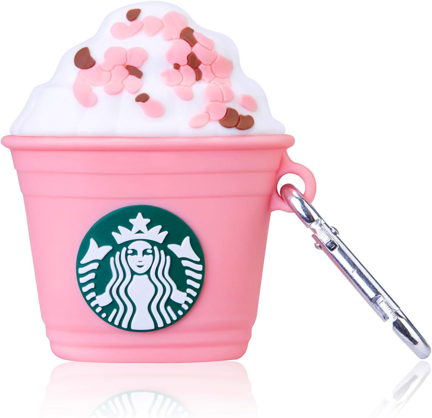 Pink coffee cup silicone AirPods case with 3D character design and keychain.