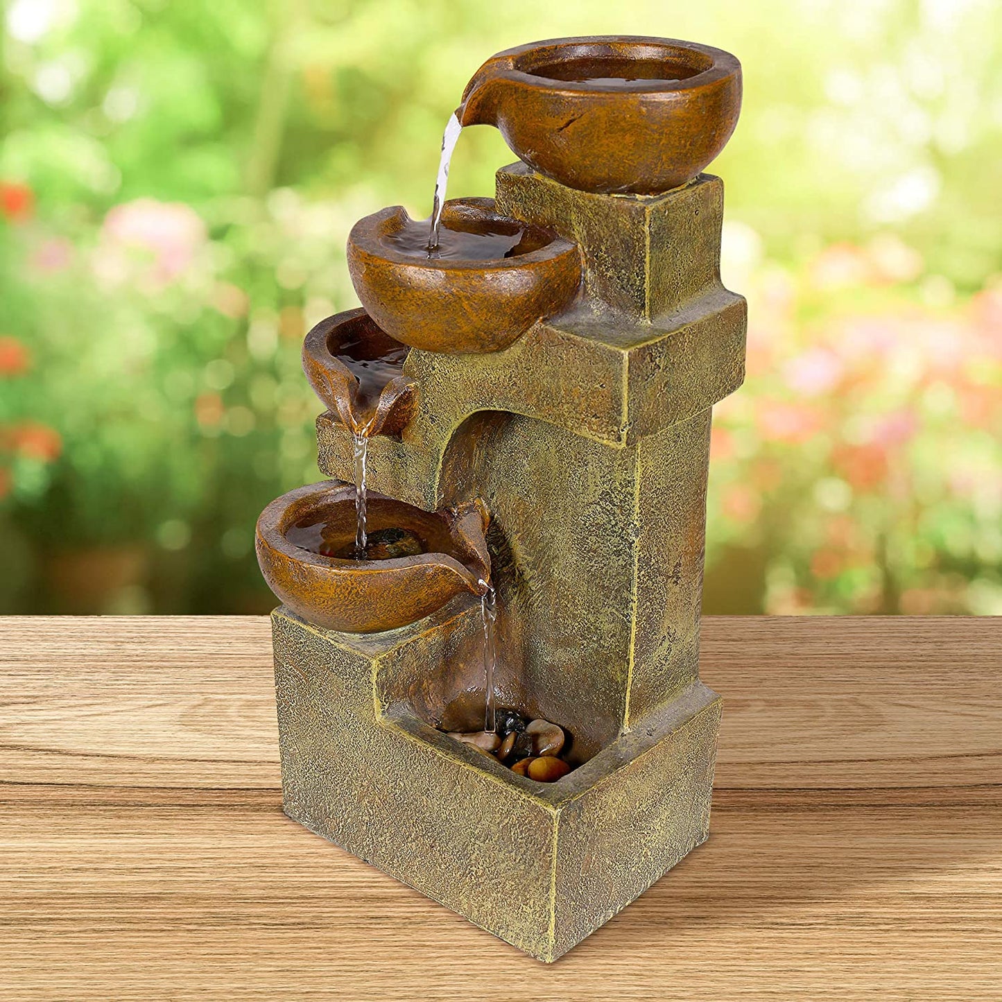  Tiering Pots Fountain, 9" Length x 7" Width x 16" Height, Brown