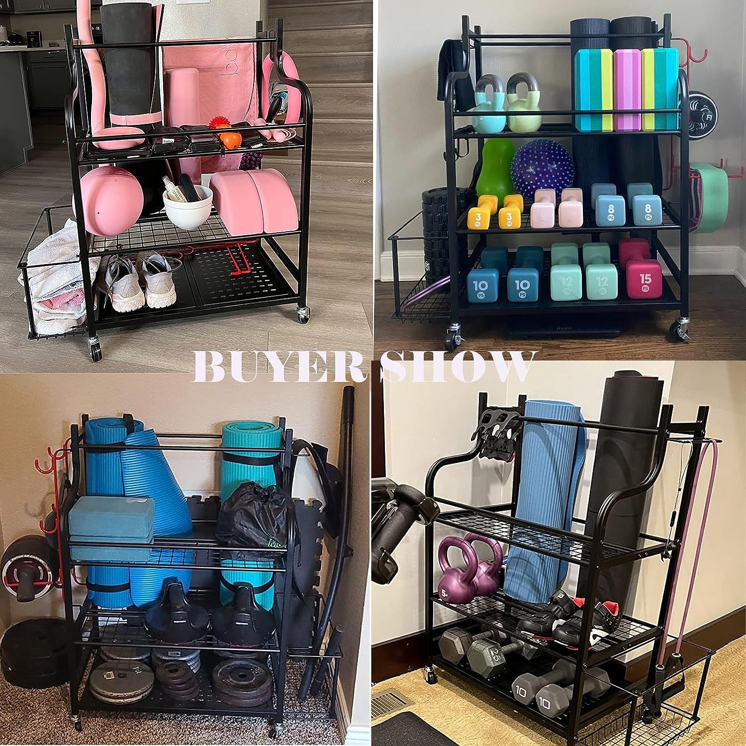 Yoga Mat Storage Rack with Wheels and Hooks - Keep your home gym organized. Store dumbbells, foam rollers, yoga straps, resistance bands, and yoga mats neatly in one place.