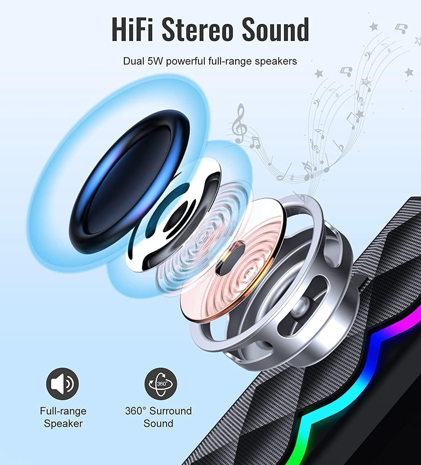 RGB Gaming PC Speaker: 10W Computer Speakers with 6 RGB LED Backlights, Stereo Bass, and support for USB and 3.5mm Cable & Bluetooth connectivity. Compatible with Laptops, Desktops, Tablets, Smartphones, Monitors, and more.