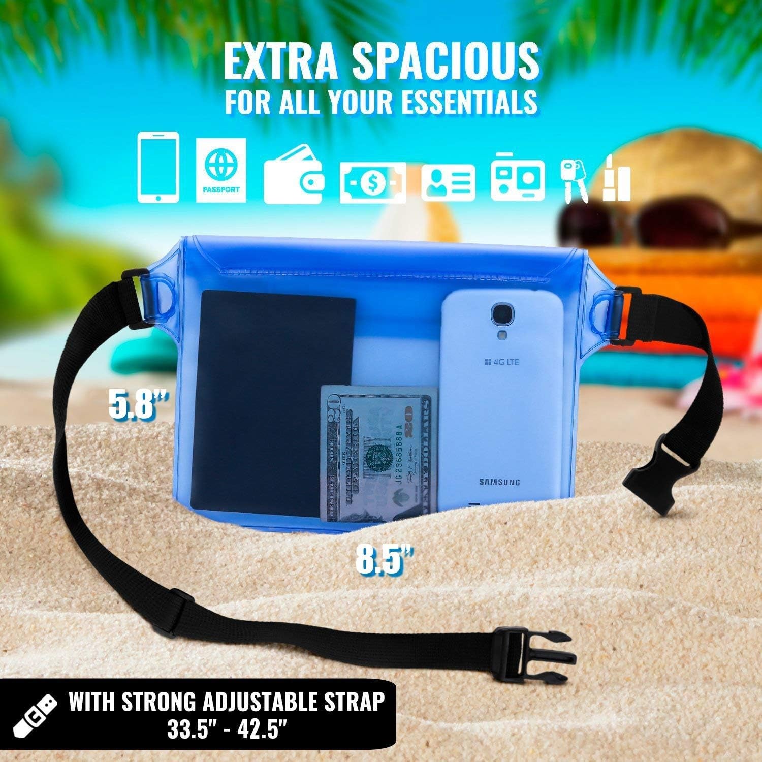 Waterproof Pouch with Waist Strap (2 Pack) - Premium Beach Accessory for Secure and Dry Storage of Your Phone and Valuables - Ideal for Boating, Swimming, Snorkeling, Kayaking, Beach, Pool, and Water Parks