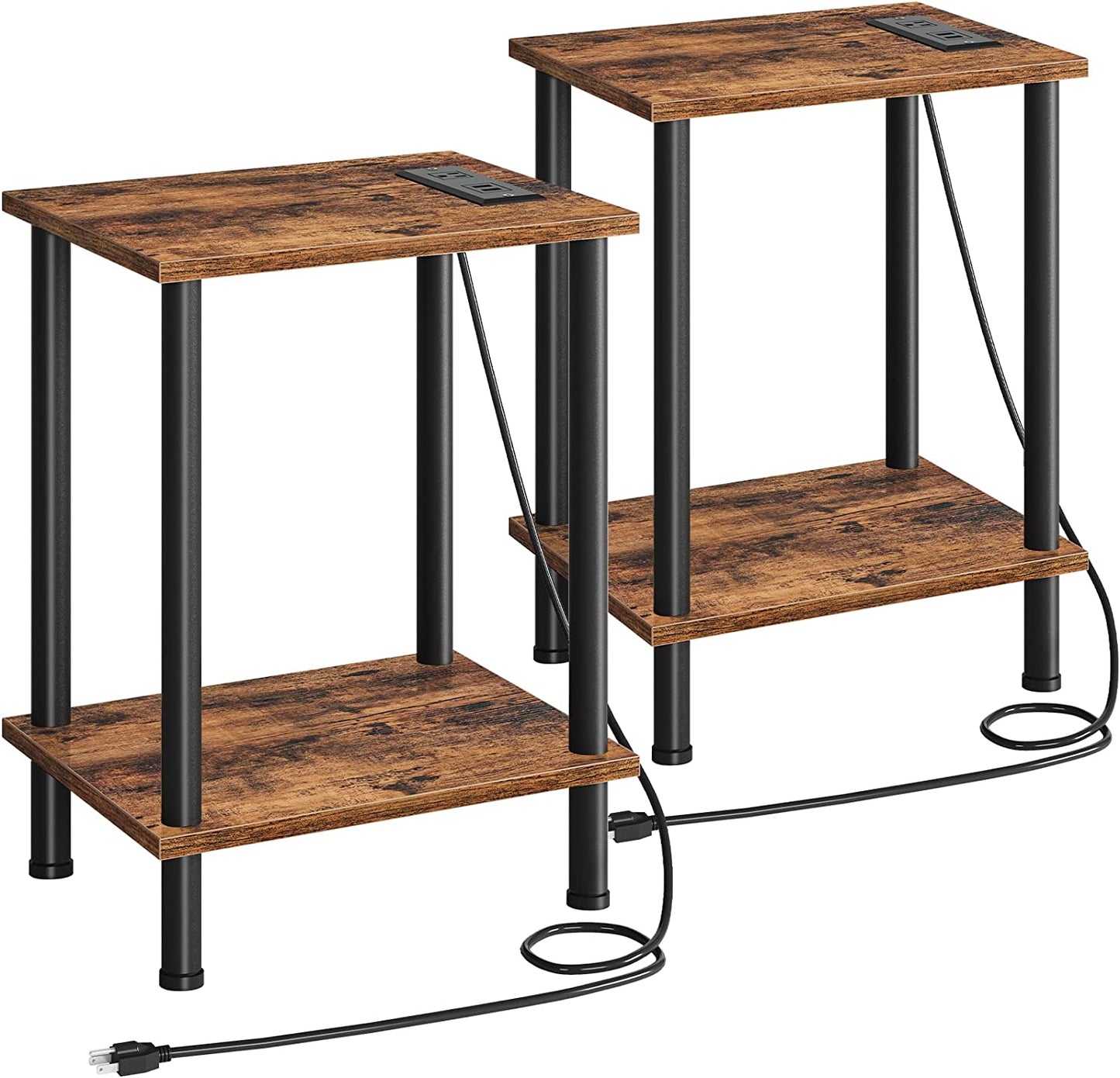 Charging Station Side Table: Rustic Brown End Table with USB Ports, Outlet, and 2-Layer Storage Shelves - Perfect for Small Spaces, Living Room, Bedroom - Stable Frame