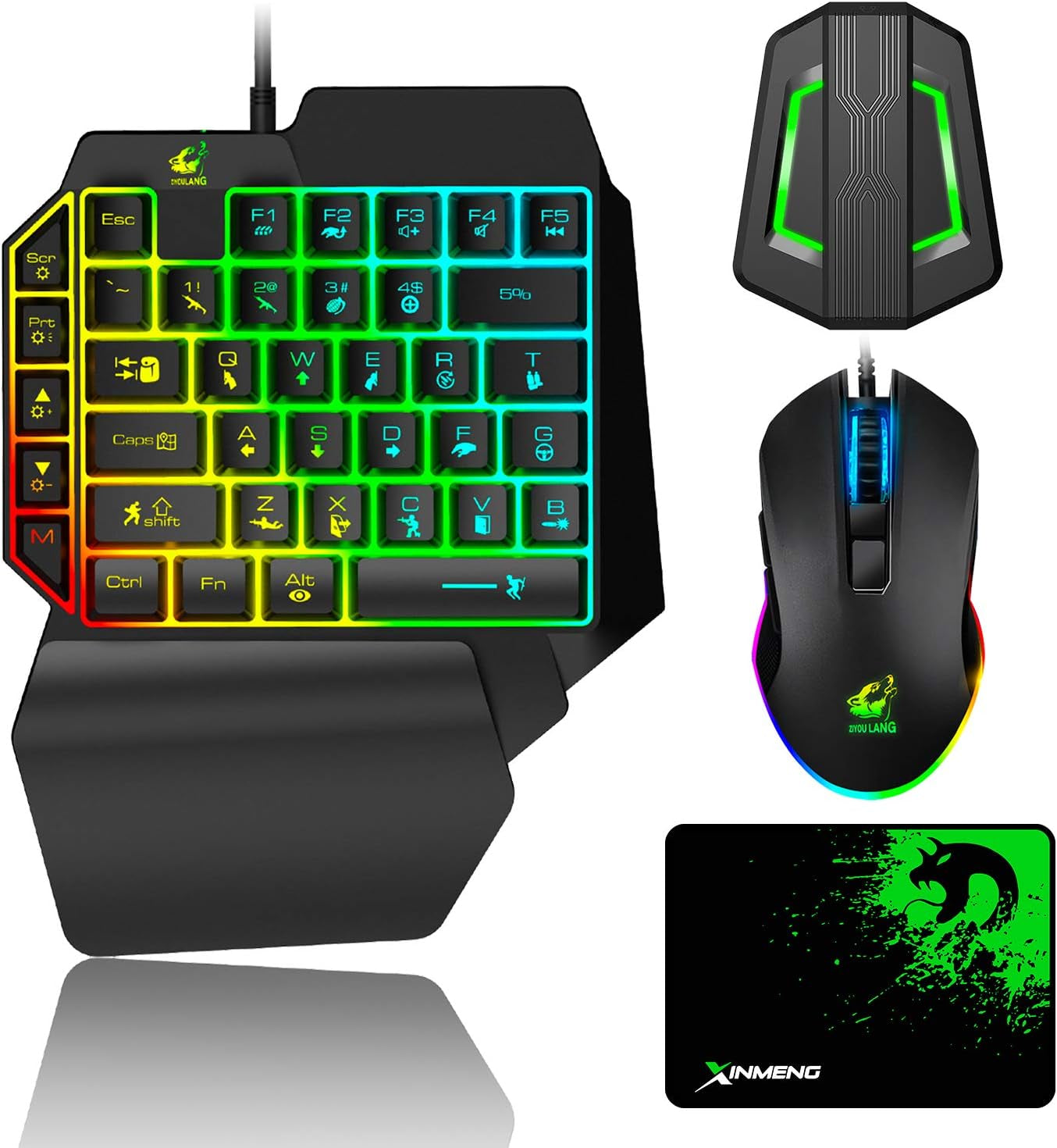 One Hand Keyboard and Mouse Combo - Wired Mechanical Feeling Rainbow Backlight Keyboard with Wrist Rest, RGB Gaming Mouse, and LED Backlit Converter. Compatible with PS4, Xbox One, Nintendo Switch, PS5, and PC.