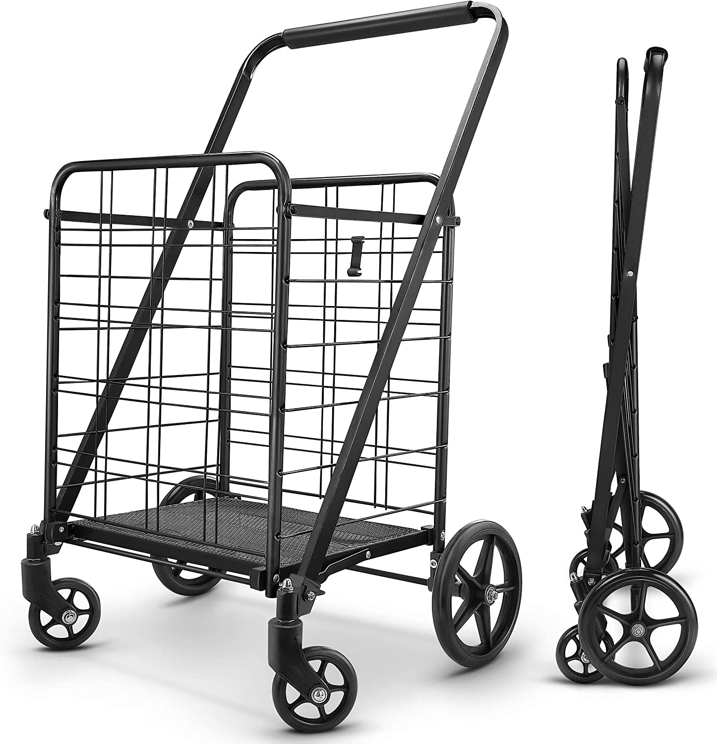 Heavy Duty Folding Shopping Cart with Upgraded Dense Grid Bottom, 360° Rolling Swivel Wheels, and Extra Large Capacity of 280 lbs - Ideal for Various Uses