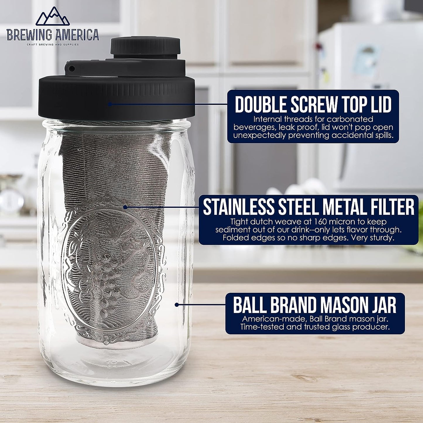 Cold Brew Coffee Maker Kit - Includes Wide Mouth Mason Jar with Screw Top Teal Lid - Equipped with Stainless Steel Filter - Ideal for Brewing Delicious Coffee, Infused Tea, Alcohol, and More - 1 Quart (32 oz) Capacity - Features a Black Lid.