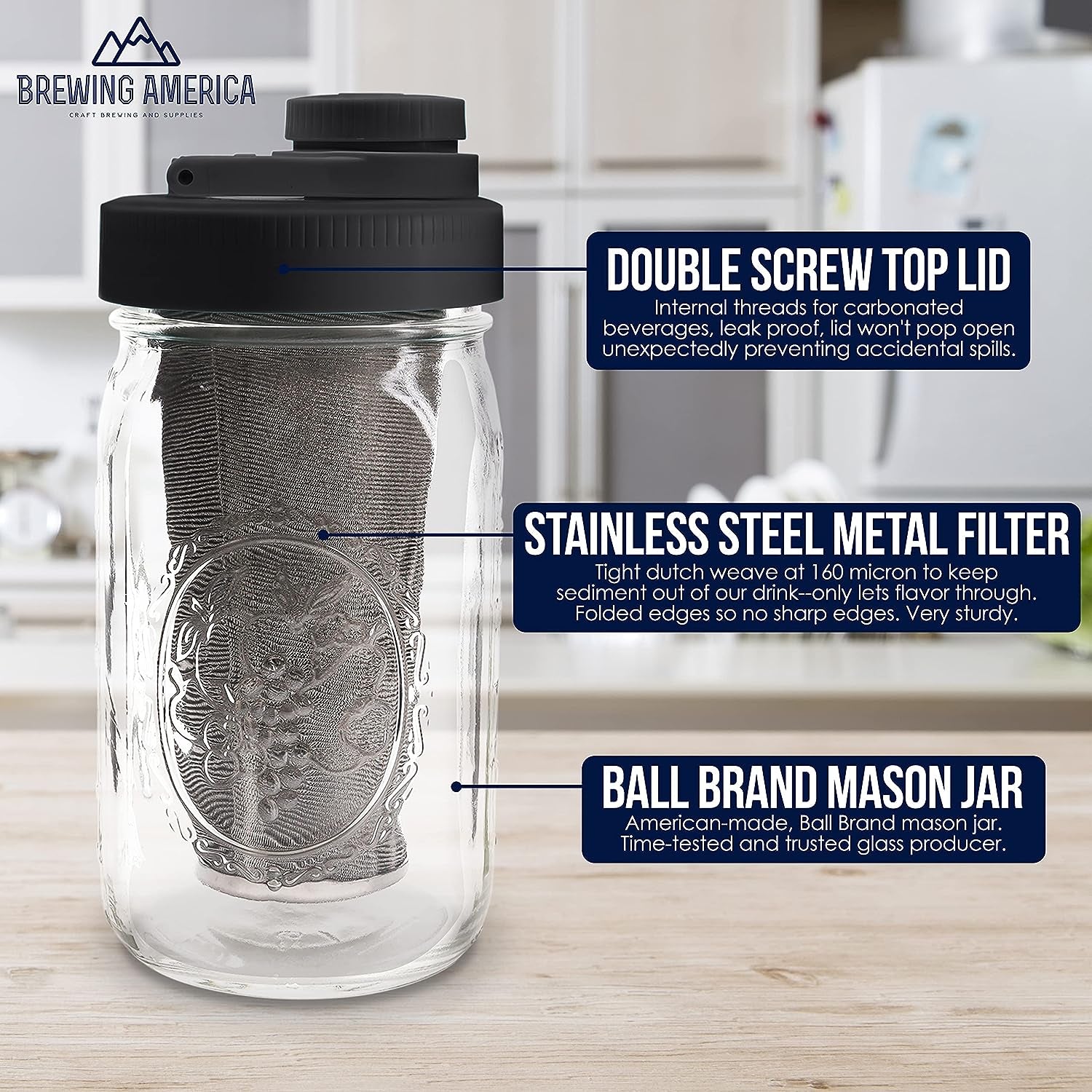 Cold Brew Coffee Maker Kit - Includes Wide Mouth Mason Jar with Screw Top Teal Lid - Equipped with Stainless Steel Filter - Ideal for Brewing Delicious Coffee, Infused Tea, Alcohol, and More - 1 Quart (32 oz) Capacity - Features a Black Lid.