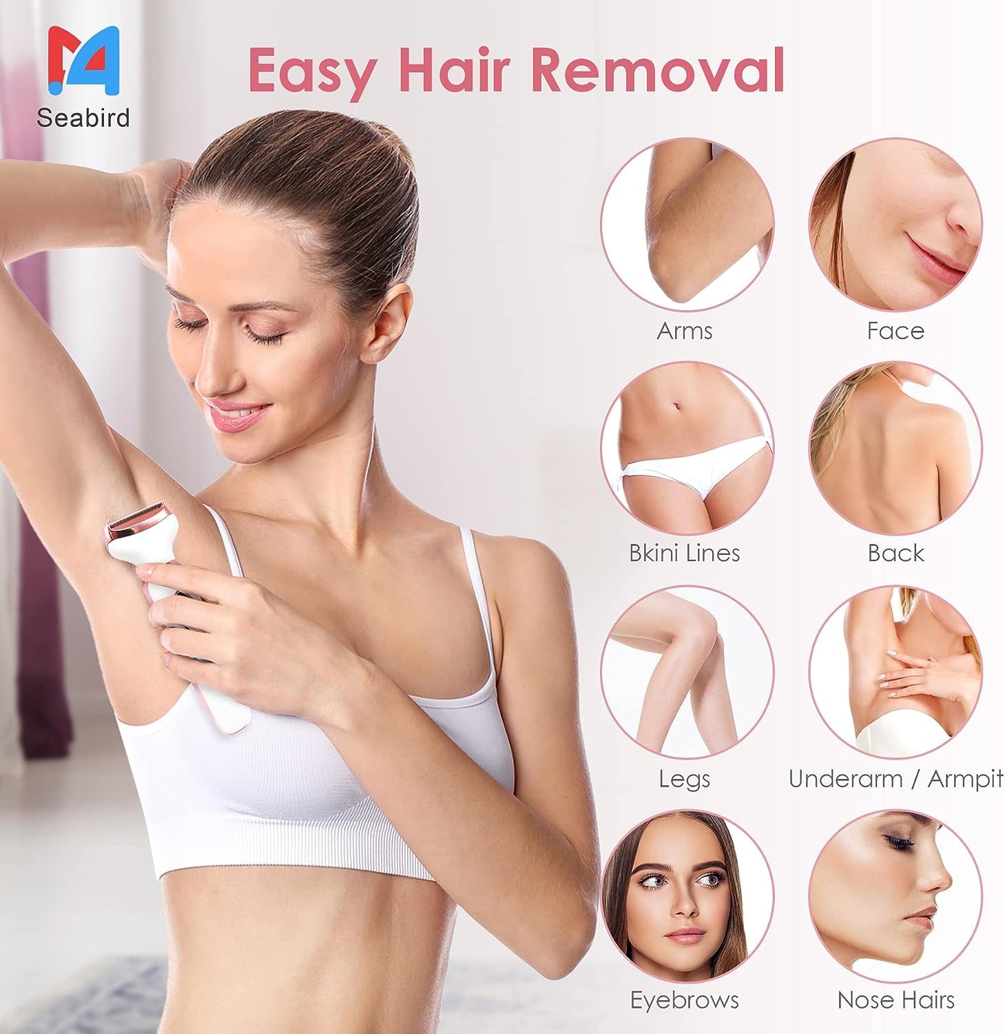 4-in-1 Electric Women's Hair Removal Epilator - Cordless, Rechargeable, Portable Shaver for Legs, Face, Arms, Bikini, Armpits, and Pubic Hair Removal in White.