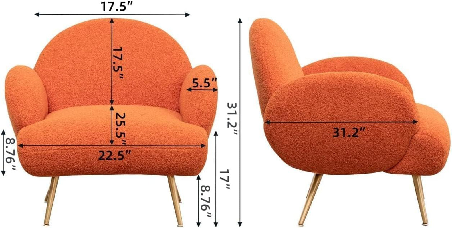 Orange Accent Sherpa Chair - Comfy Modern Armchair with Golden Metal Legs Mid-Century Sofa Chair