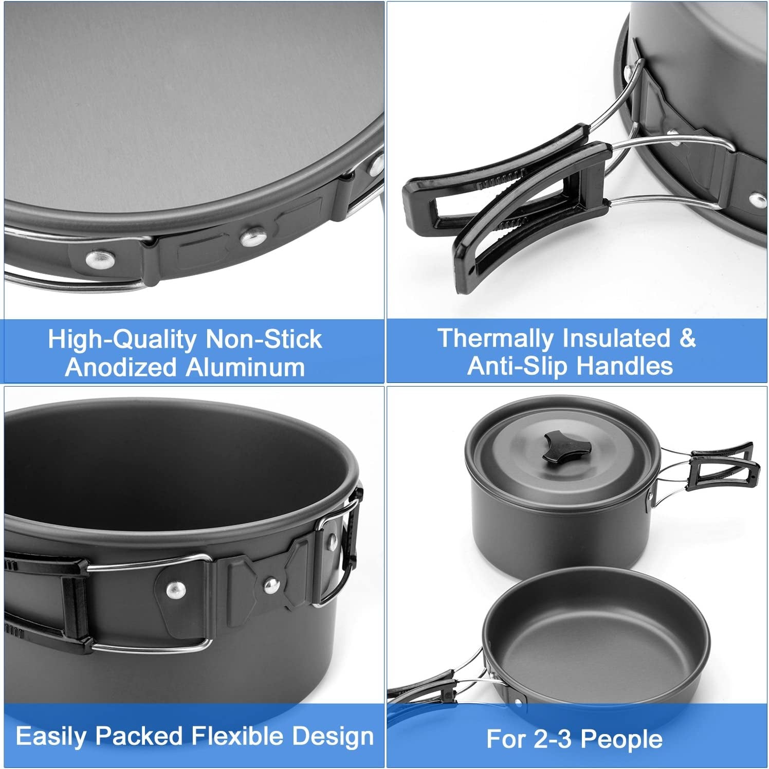 Folding 10pcs Camping Cookware Mess Kit Cookset, Lightweight Pot Pan Kettle with 2 Cups, Fork Knife Spoon Kit for Outdoor Camping Hiking and Picnic