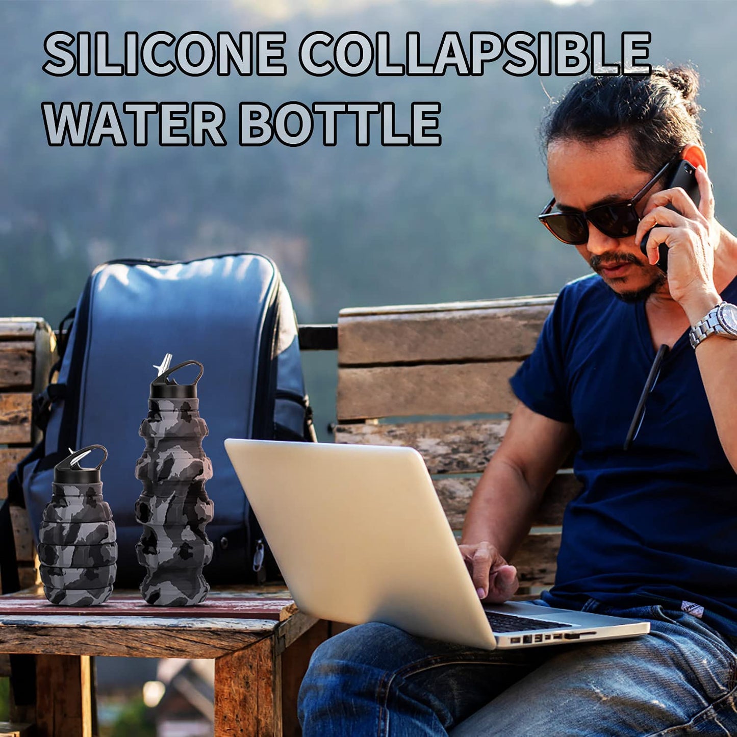 18oz Collapsible Travel Water Bottle - BPA-Free Silicone, Foldable and Reusable - Perfect for Gym, Camping, Hiking - Portable and Leak-Proof Sports Water Bottle with Carabiner - Dark Gray Camouflage Design.