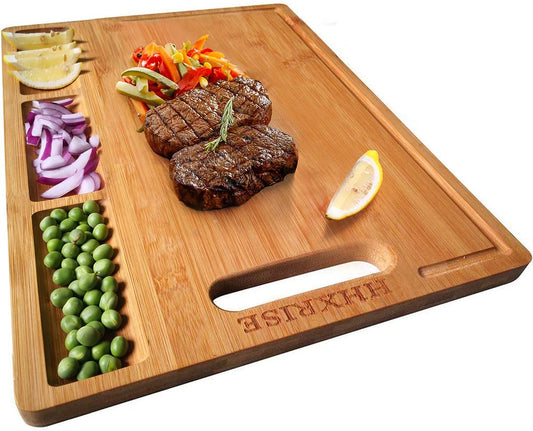 "Versatile Extra Large Bamboo Cutting Board: 17.1 * 13.3 inches with 3 Built-in Compartments and Juice Grooves. Heavy Duty Chopping Board for Meats, Bread, and Fruits. Ideal for Butcher Block and Carving Needs."