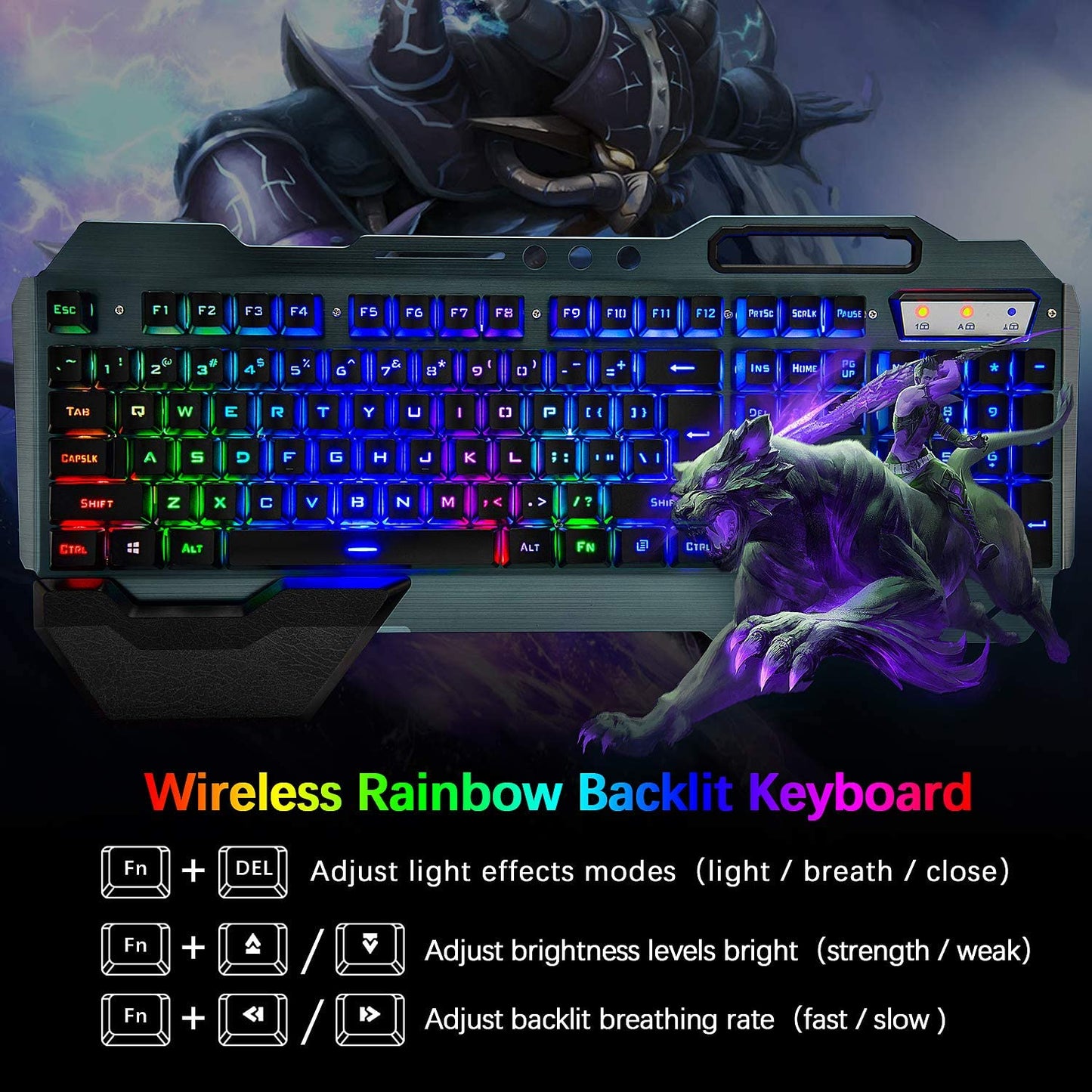 Wireless Gaming Keyboard and Mouse Set with Rainbow Backlight, Rechargeable Keyboard Mouse Combo featuring 3800mAh Battery, Metal Panel, Removable Hand Rest, Mechanical Feel Keyboard, and 7 Color Gaming Mouse for PC Gamers