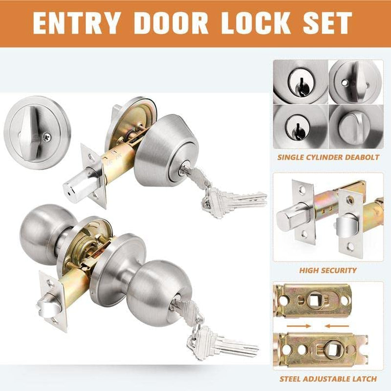 Entry Door Knob and Deadbolt Lock Set - Includes 3 Sets of Handlesets with Single Cylinder Deadbolts Keyed Alike. Suitable for Right or Left-Handed Doors, for both Exterior and Interior Use.