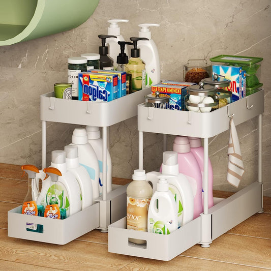 2 Pack Under Sink Organizer, 2 Tier Sliding Kitchen Organizers and Storage with 4 Hooks, Multi-purpose Pull out Cabinet Basket Organizer for Bathroom, White