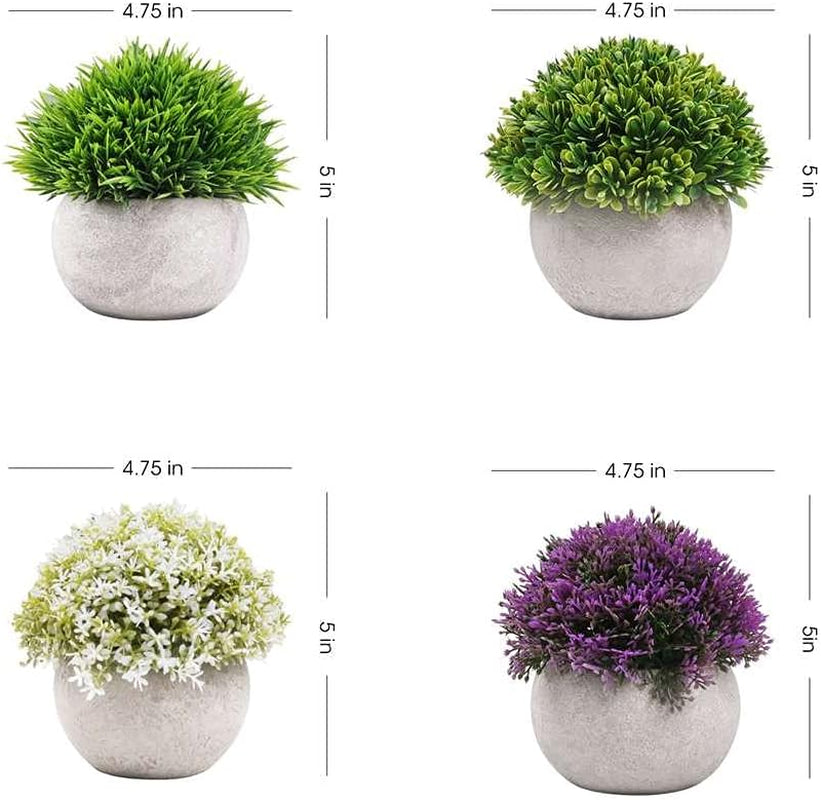 Set of 4 Artificial Shrubs Plants in Pots - Mini Potted Ball-Shaped Indoor Fake Plants for Home, Office, and Farmhouse Decor