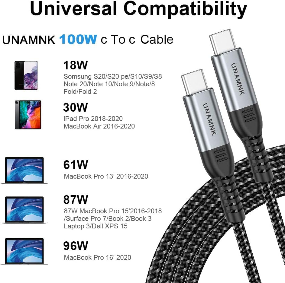 10ft 100W UNAMAK USB Type C Fast Charging Cable - Compatible with iPad Pro, MacBook Pro, Samsung Galaxy S20, Pixel 3