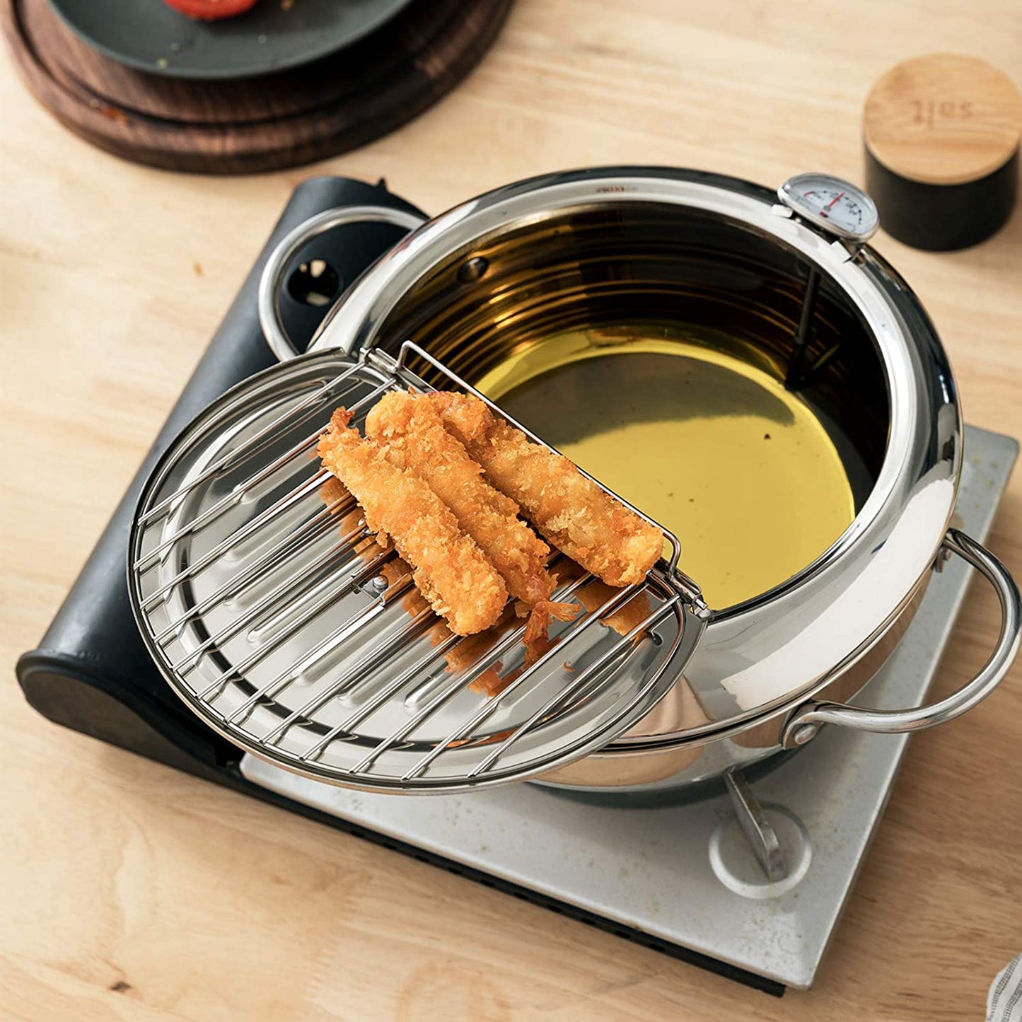 Japanese-Style Tempura Deep Fryer Pot: 304 Stainless Steel Frying Chicken Pot with Lid and Thermometer, 2.2L Capacity (Diameter: 6.5")