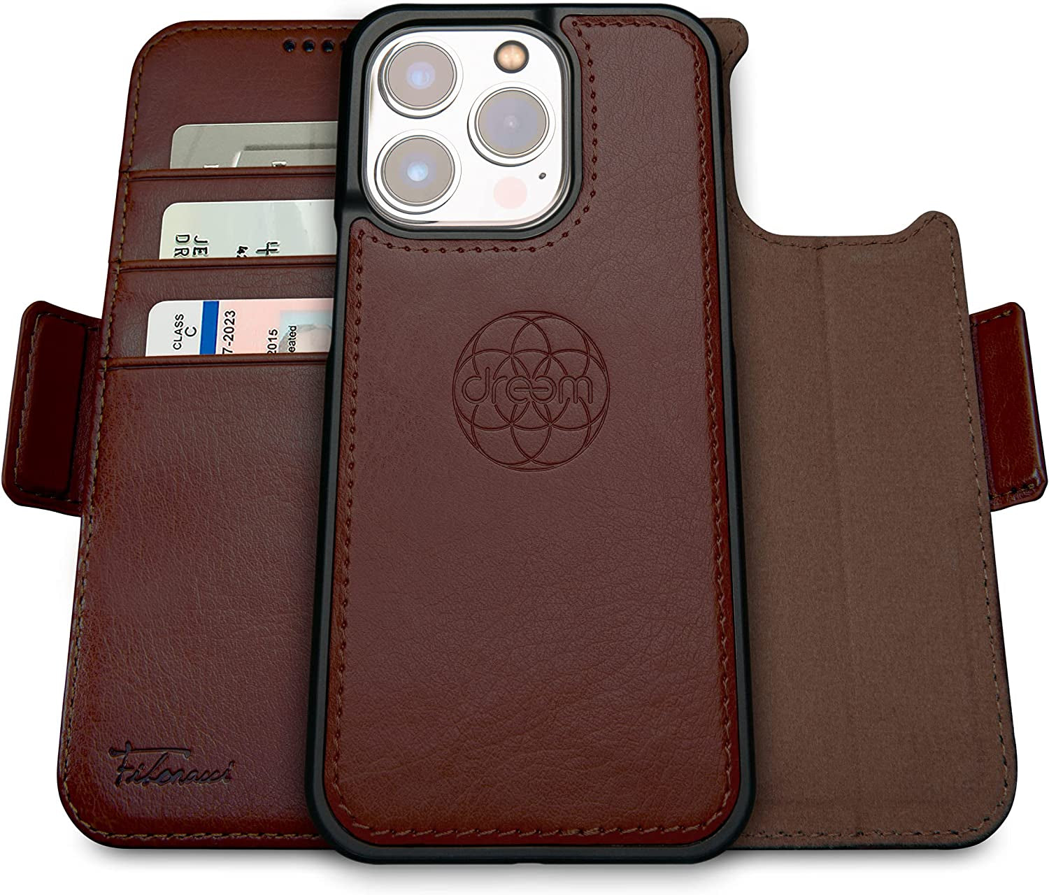 2-in-1 Wallet Case for Apple iPhone 14 Pro Max - Crafted from Luxury Vegan Leather - Features Magnetic Detachable Shockproof Phone Case - Provides RFID Card Protection - Magsafe Compatible - Color: Coffee.