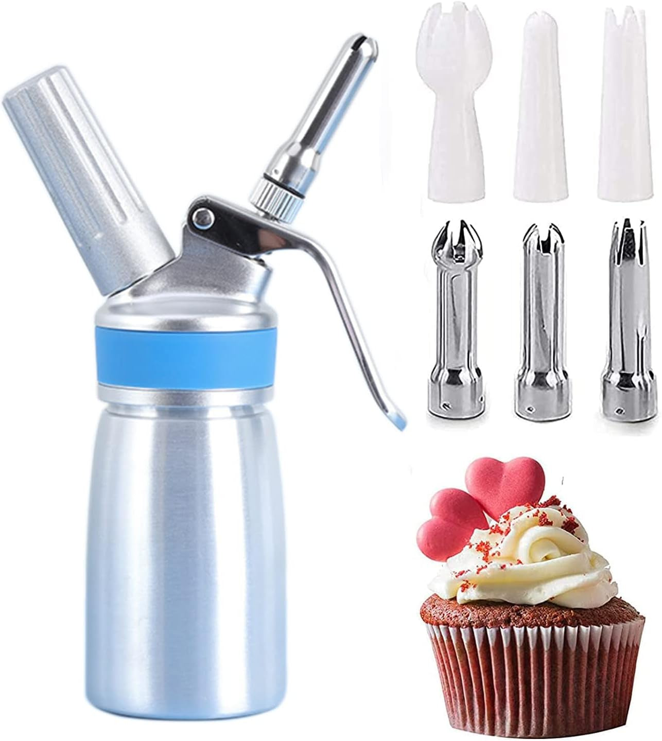 Professional Whipped Cream Dispenser: Leak-Free Whip Cream Maker Canister with 6 Various Stainless Culinary Decorating Nozzles, 0.5-Pint / 250 mL Capacity - N2O Chargers (Not Included)