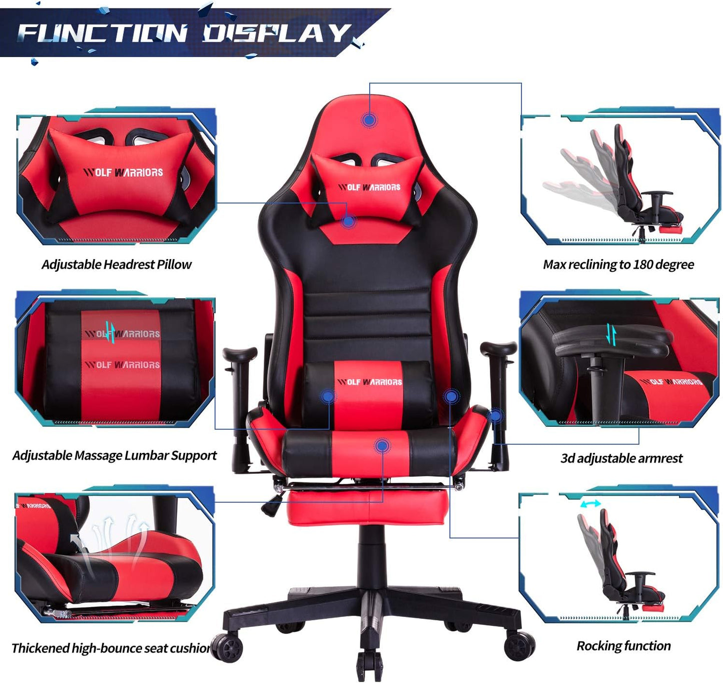 Ergonomic Gaming Chair with Footrest - Racing-Style Video Game Chair for Computer Gaming - Swivel Office Desk Chair with Lumbar Support and Headrest - Red/Black Design