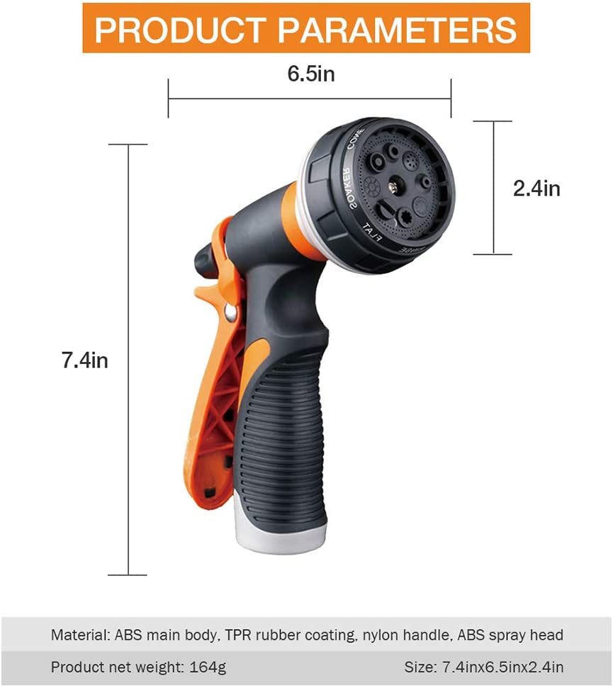 Garden Hose Nozzle - Set of 2 Watering Hose Nozzles - Hand Sprayer with 8 Spray Patterns for Efficient Garden Watering, Car Wash, Cleaning, and Pet Showering (Orange)