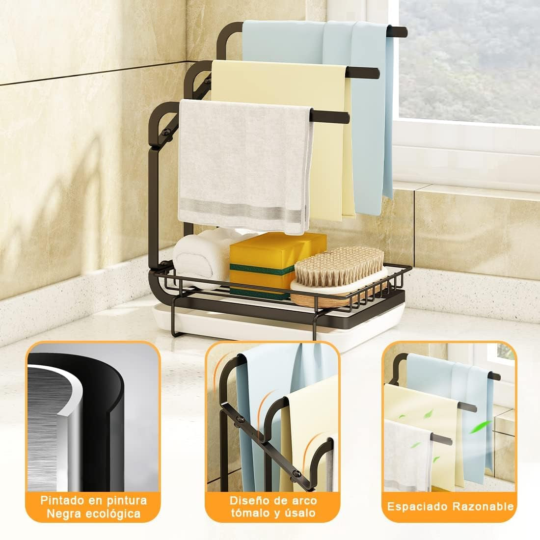 Sink Organizer for Kitchen or Bathroom - Kitchen Sponge Towel Rack with Drain Pan Tray and Towel Rail, Efficiently Holds Sponges and Towels, Enhancing Sink Area Organization; Stylish Black Design