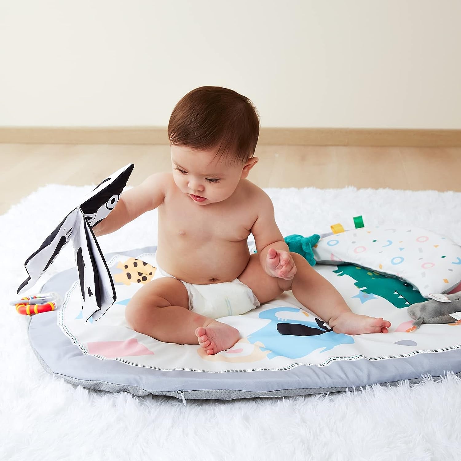 Baby Play Gym Mat 7 in 1 with 2 Replaceable Washable Mat Covers  with 6 Toys, Visual, Hearing, Touch, Cognitive Development for Infant and Toddler, Thicker Non Slip