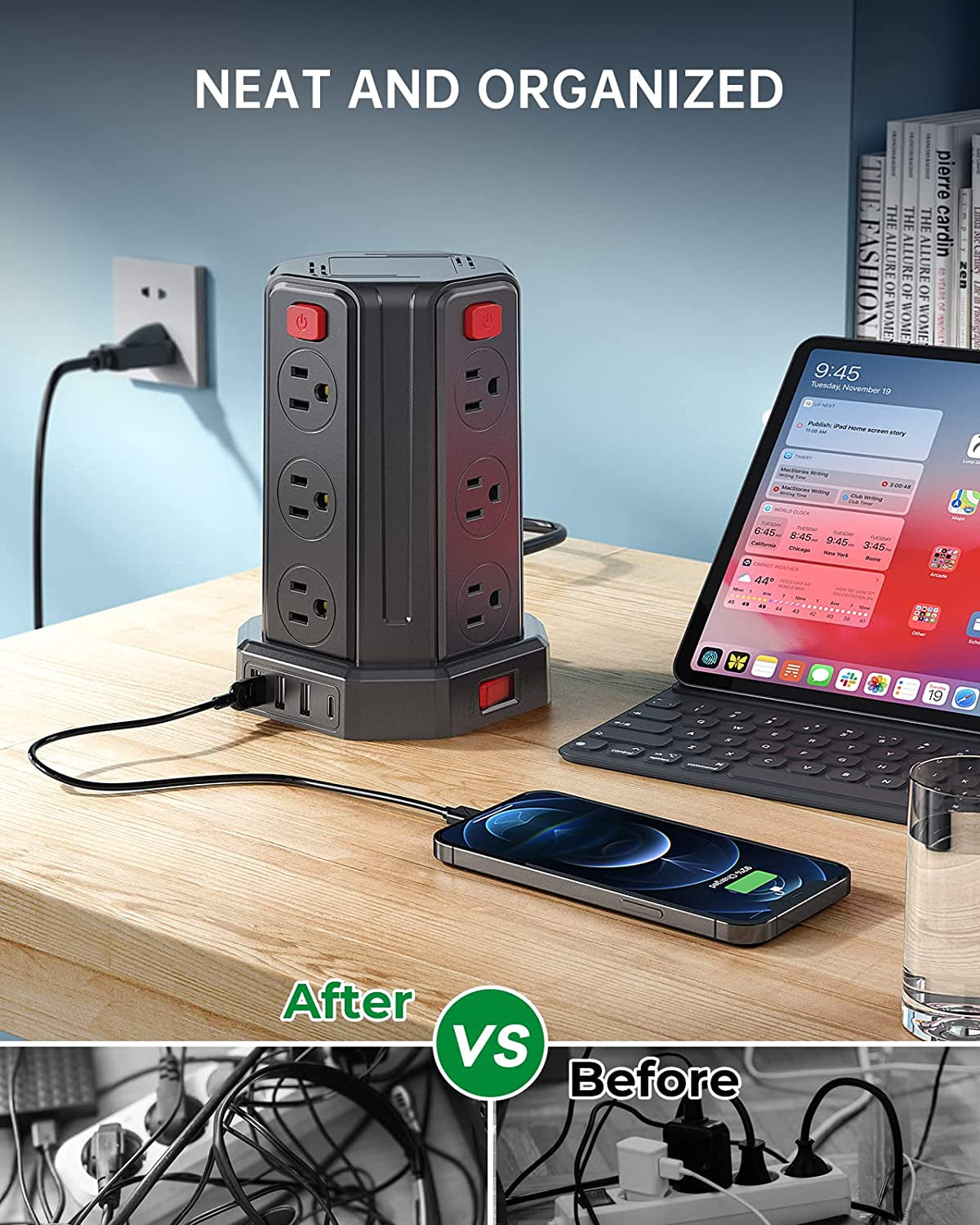 Surge Protector Power Bar with 9.8 FT Extension Cord - 12 AC Outlets, 3 USB Ports, 1 USB C, Overload Protection - Tower Power Bar for Home Office Accessories