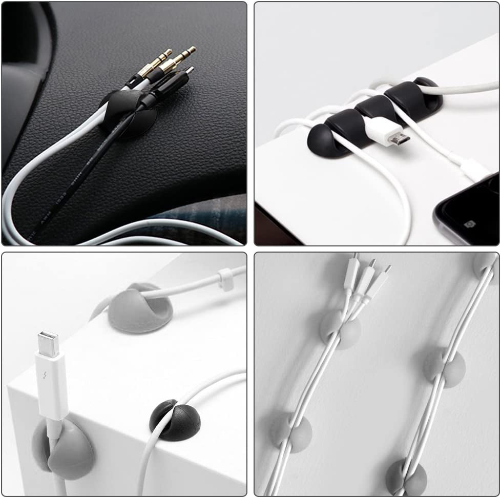 24-Piece Adhesive Silicone Cable Clips for Desk Cable Management - Black and Grey