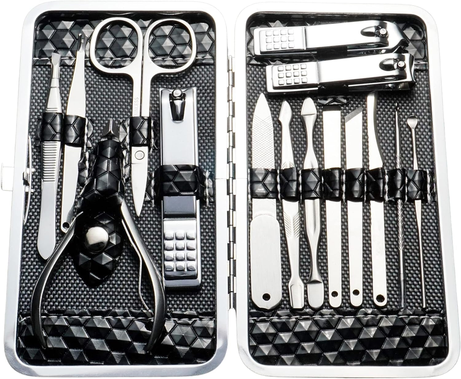 Nail Care Kit with Leather Case - Set of 15 Pedicure and Manicure Tools for Women and Men (Black)