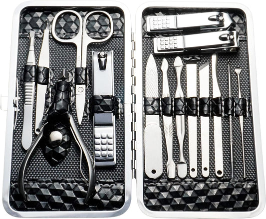 Nail Care Kit with Leather Case - Set of 15 Pedicure and Manicure Tools for Women and Men (Black)