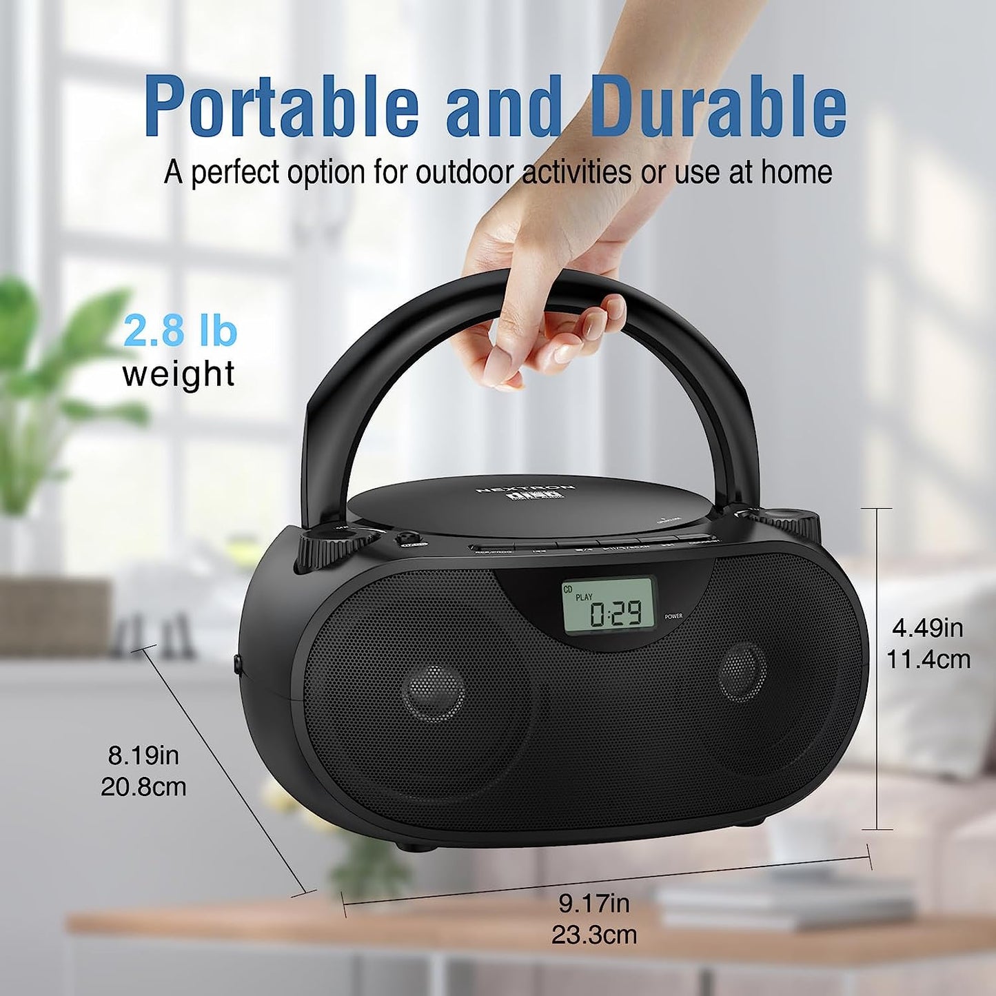 Portable Stereo CD Player Boombox - AM/FM Radio, Bluetooth, USB, AUX-in, Headphone Jack, CD-R/RW and MP3 CDs Compatible - Clear Sound with Bass Boost - AC/Battery Operated (Black)