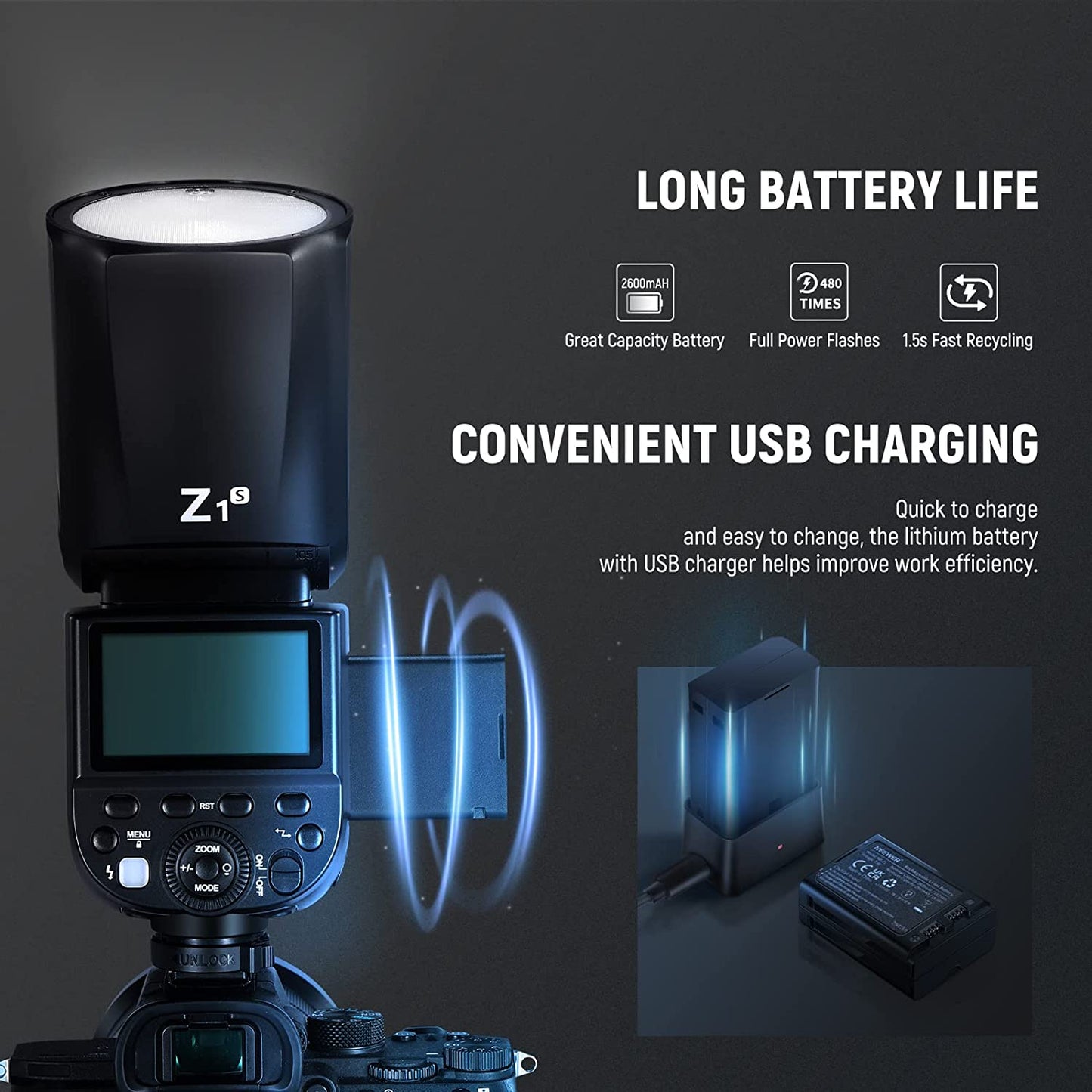 Round Head Flash Speedlite for Sony DSLR Cameras with High-Speed Sync, LED Modeling Lamp, and Long Battery Life