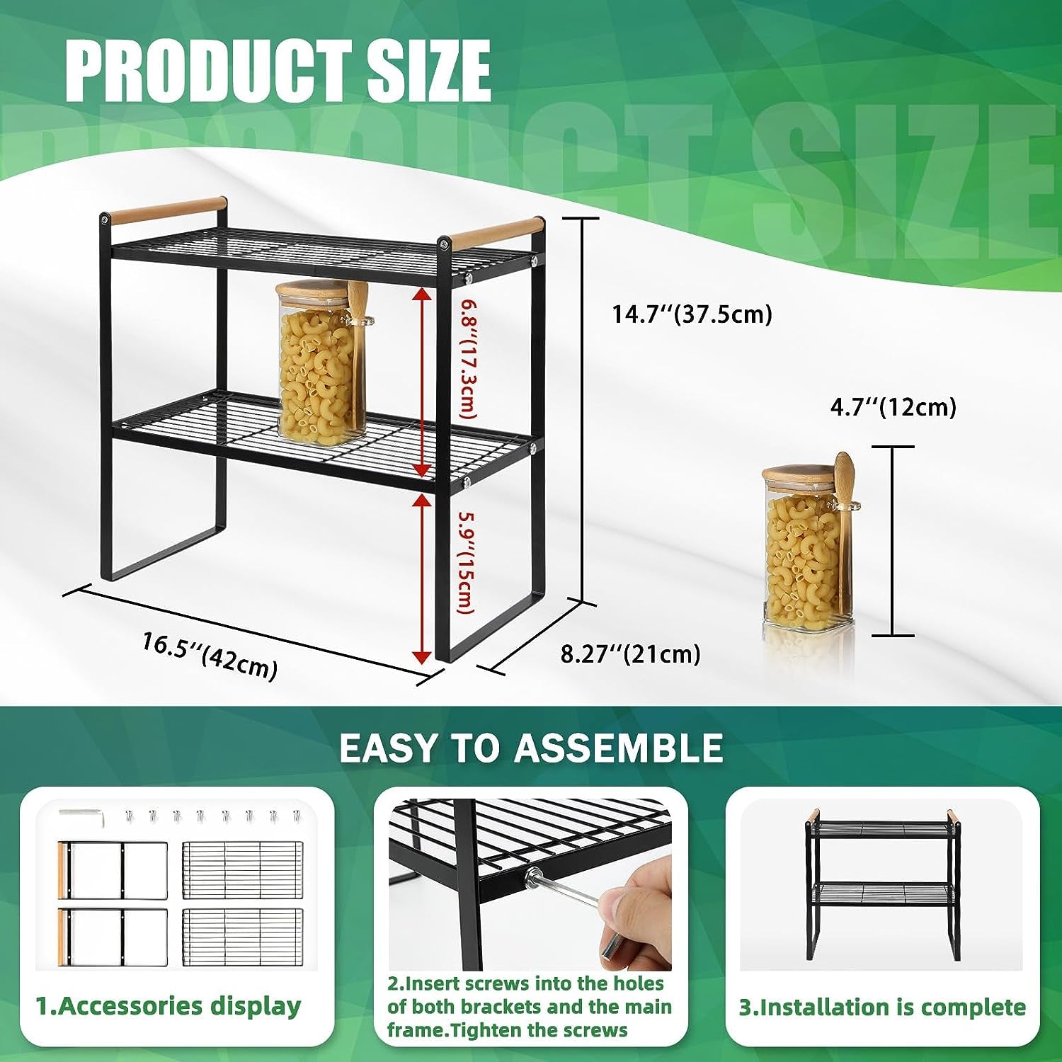 Sturdy Black Kitchen Cabinet Shelf Organizers - Multi-Purpose Stand for Cupboards, Pantries, and Bathroom Countertops; Includes Shelves for Organizing and Storing Items like Spices and Kitchen Essentials.