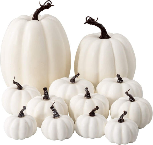 Set of 12 Assorted Sizes Artificial Pumpkins - These Fake Foam Pumpkins are perfect for Harvest, Fall, Autumn, Thanksgiving, and Halloween Decorations. Color: White.
