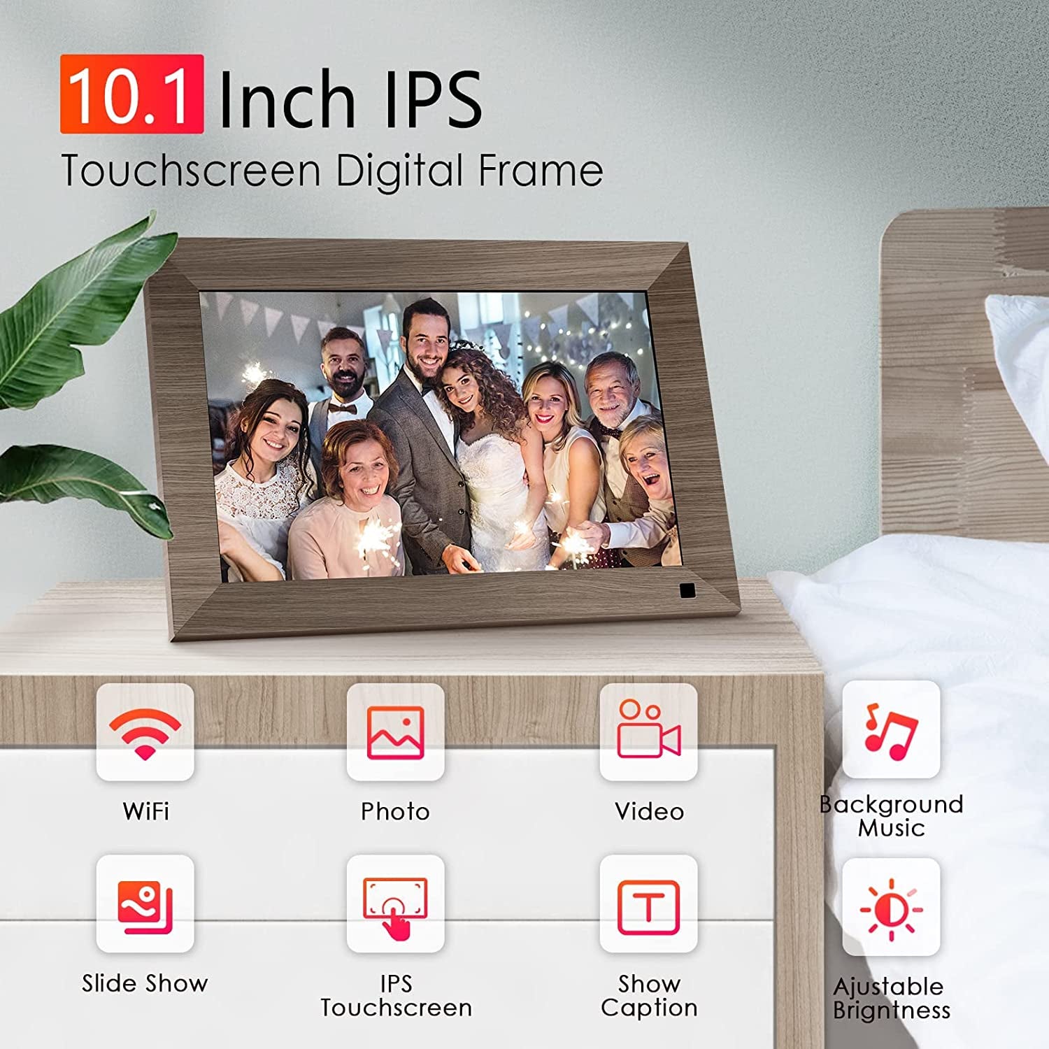 10.1 Inch Wifi Digital Photo Frame, IPS Touch Screen Smart Cloud Photo Frame with 16GB Storage, Wall Mountable, Auto-Rotate, Motion Sensor, Share Photos and Videos via Frameo App