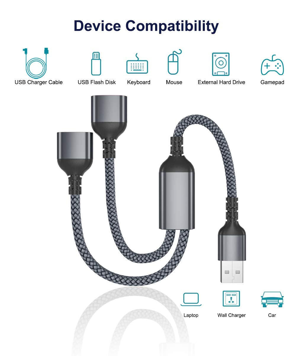 USB Splitter Y Cable 1FT: Features USB A 1 Male to 2 Female Extension with Nylon Braided Cord. It's a Converter and Dual USB Port Extender Hub for Data, Charging, and Power Splitting. Compatible with Mac, Car, Xbox One, PS4, PS5, Laptop, and more.