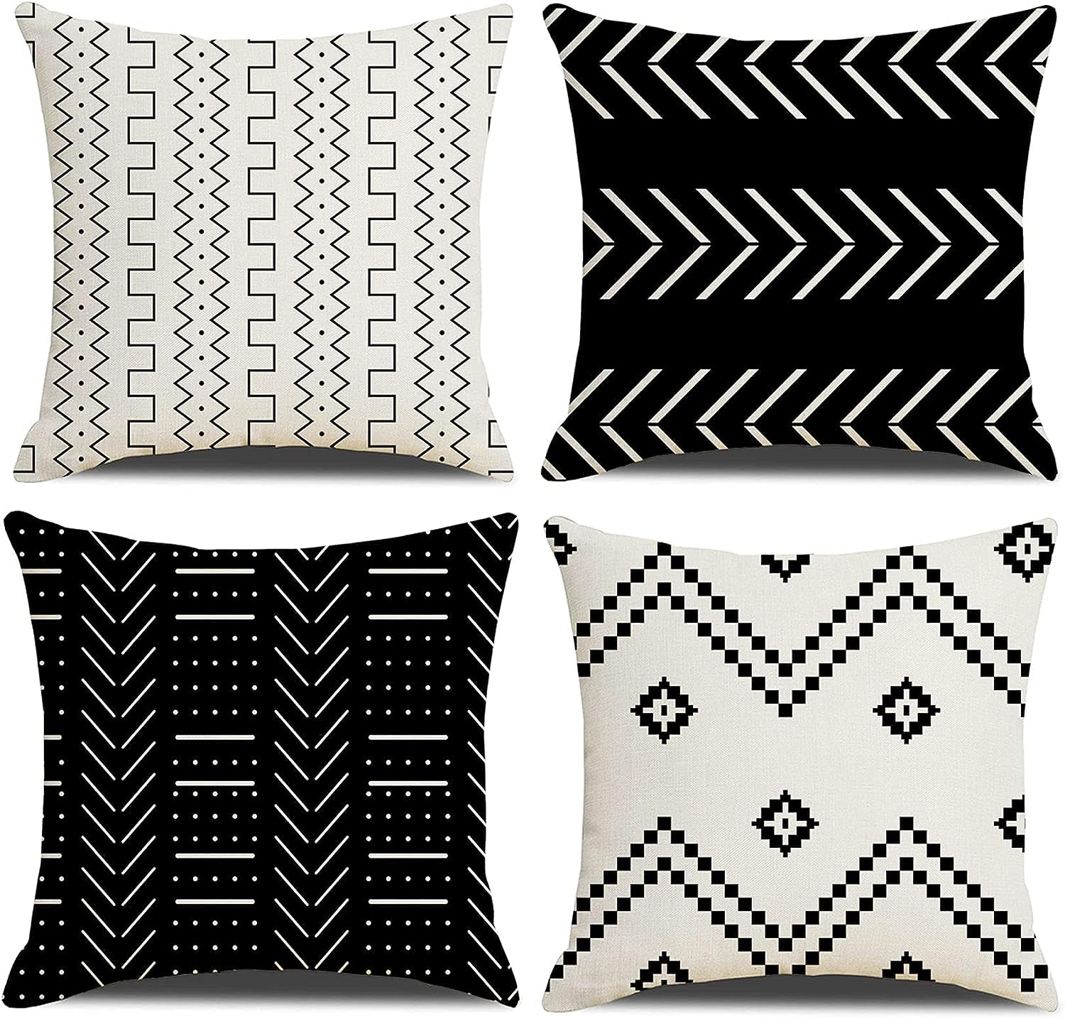 Pack of 4 Throw Pillow Covers, each measuring 18x18 inches: Made from a Linen Cotton Blended Fabric featuring Modern Geometric Patterns. These Decorative Sofa Square Cushion Cases enhance your decor with style.