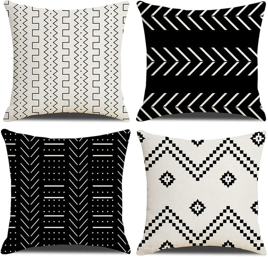 Pack of 4 Throw Pillow Covers, each measuring 18x18 inches: Made from a Linen Cotton Blended Fabric featuring Modern Geometric Patterns. These Decorative Sofa Square Cushion Cases enhance your decor with style.